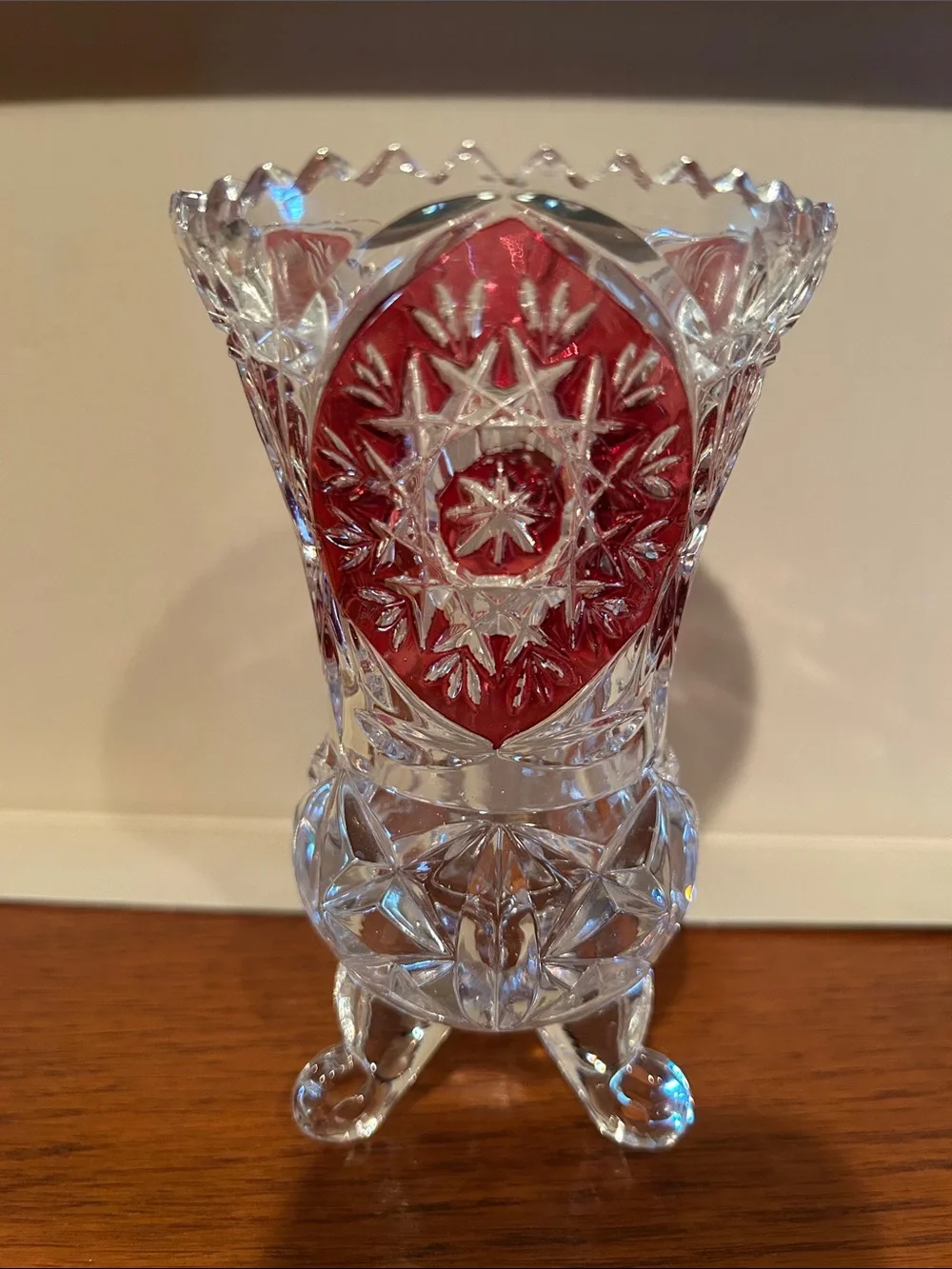 Vintage 5.5” Red and Clear Cut Glass Decorative Vase -
